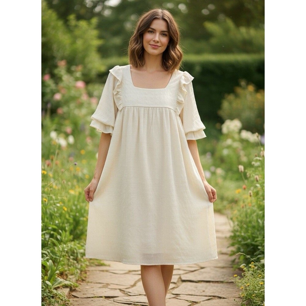 COTTAGE CORE Polygram  Ruffle Sleeved Square Neck A-Line Knee Length Dress L